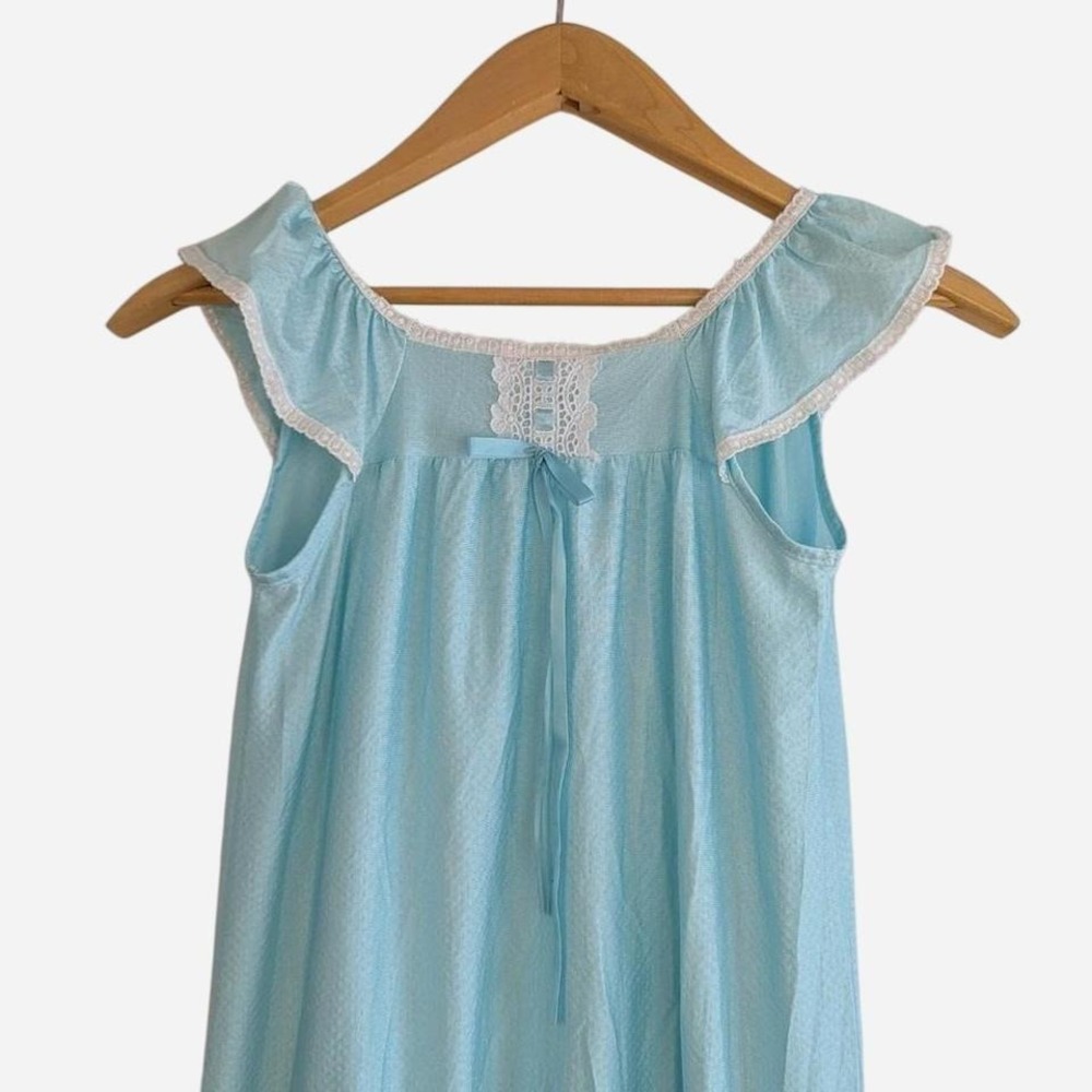 Vintage Her Majesty Blue Lace Trim Coquette Nightgown Ruffle Hem USA 6 - Picture 3 of 8